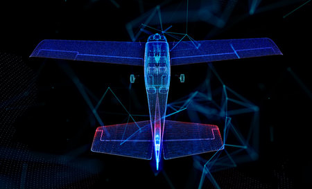 Flying aircraft. Low-poly model of air transport. Blue background.の写真素材