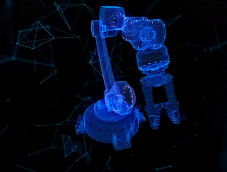 Industrial robot. Glow points and line formation of 3d robot hand. Rotating. Digital technology visualization of 3d.の写真素材
