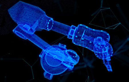 Industrial robot. Glow Blue particles formation in 3d robot hand model.