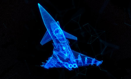 Military Jet. Blue particle and lines form 3d model Air plane. Virtual visualization aviation air force.の写真素材