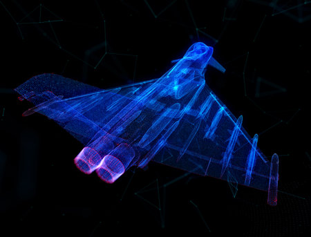 Military Jet. Blue particle and lines form 3d model Air plane. Virtual visualization aviation air force.の写真素材