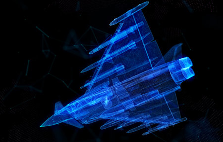 Military Jet. Blue particle and lines form 3d model Air plane. Virtual visualization aviation air force.の写真素材