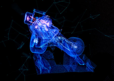 Glowing blue light 3d model Formula with lines, dots and particlesの写真素材