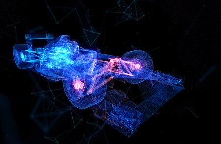Particles formation Car virtual model. Digital car technology visualization of 3dの写真素材