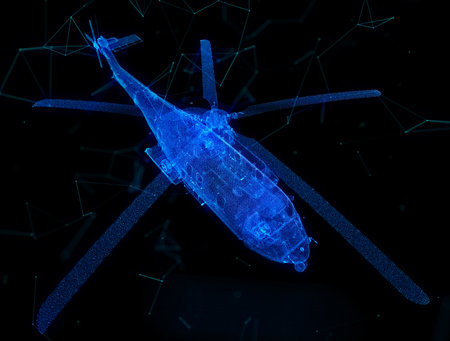 Glowing blue light 3d model Military helicopter with lines, dots and particlesの写真素材