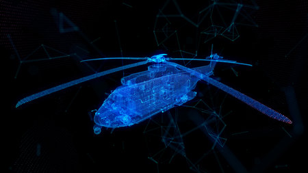 Military helicopter. Glow particles formation helicopter on a black backgroundの写真素材