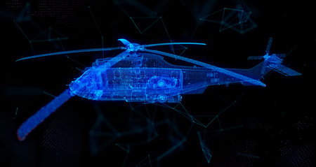 Military helicopter. 3D wire-frame model on a black sky backgroundの写真素材