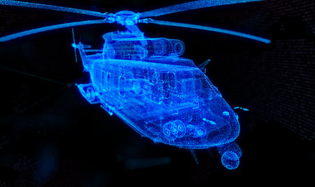 Military helicopter. Glow particles formation helicopter on a black backgroundの写真素材