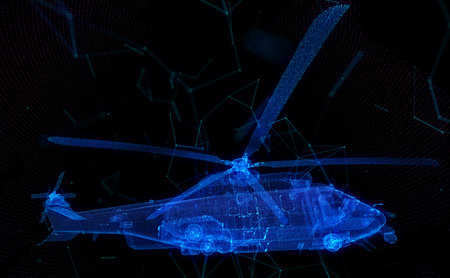 Glowing blue light 3d model Military helicopter with lines, dots and particlesの写真素材