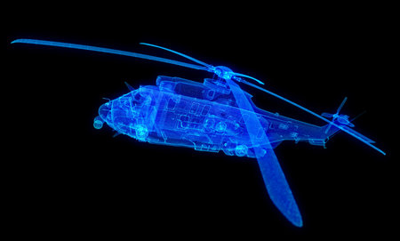 Helicopter. Glow particles formation helicopter on a black backgroundの写真素材