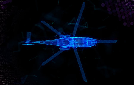 Helicopter. Military helicopter flying with action video camera on dark blue. Polygonal low poly background with connecting dots and linesの写真素材