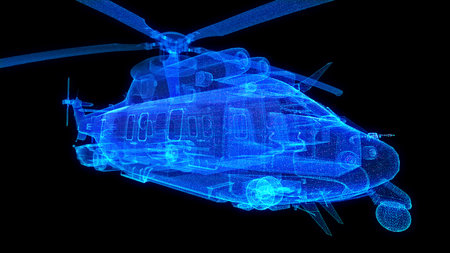 Helicopter. 3D wire-frame model on a black sky backgroundの写真素材
