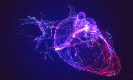 Glowing human heart made of neon particles. Bright magic heart health concept artの写真素材