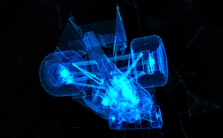 Glowing blue light 3d model car with lines, dots and particlesの写真素材