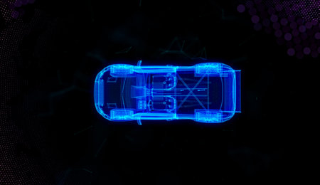 Speeding Sports Neon Car. Technology wireframe sketch top view. Motorsport product design backgroundの写真素材