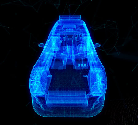 Digital car in a futuristic style. Concept for for the presentation of automotive technology. Light effect and neonの写真素材