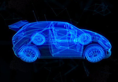 Futuristic wireframe car with ui digital environment. Glowing in the dark car on high speed running conceptの写真素材