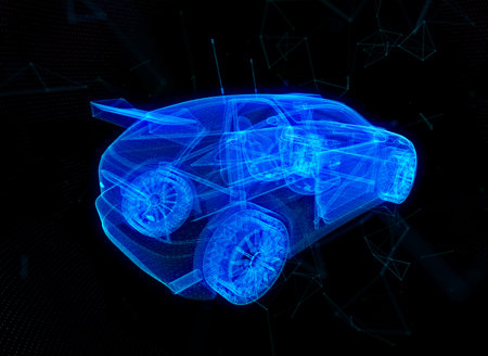 Smart or intelligent car. Sport car with polygon line on abstract background. Polygonal space low poly with connecting dots and lines. Connection structure 3d modelの写真素材