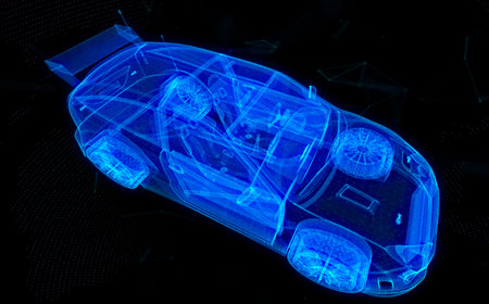 Wire model of a sports car with blue neon on a black backgroundの写真素材