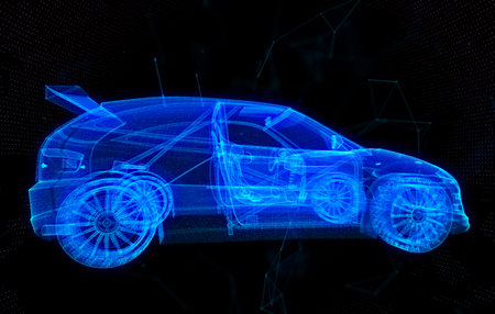 Design of a smart or intelligent car in the form of a wire-frame crossing in space. X-ray hologram 3d carの写真素材