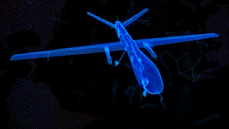 Digital military drone with camera in dark blue. Unmanned military drone with dots, lines, stars and particlesの写真素材