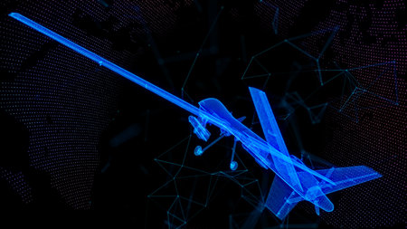 Military Aircraft unmanned military drone from dots and lines and connected to 3d formの写真素材