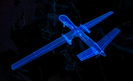 Military Aircraft unmanned military drone 3d polygonal line. Digatal drone from dots and lines and connected to 3d form. Digital visualization aviation air force technologyの写真素材