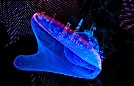 Abstract polygonal Gas carrier LNG on black backgroundの写真素材