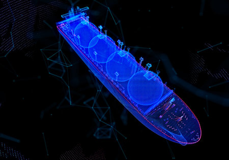 Gas carrier LNG. Blue particle and lines form 3d model Gas tanker. Digital technology visualization of 3dの写真素材