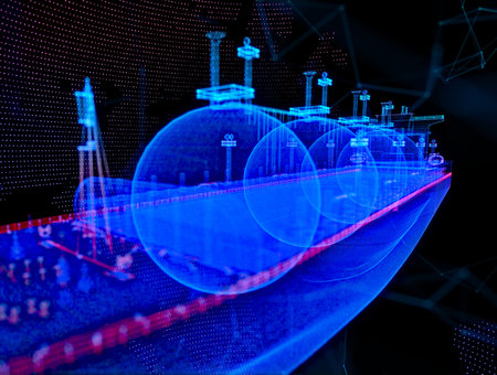 Gas carrier LNG. Glow particles vessel boat. Gas tanker. Industrial transport technologiesの写真素材