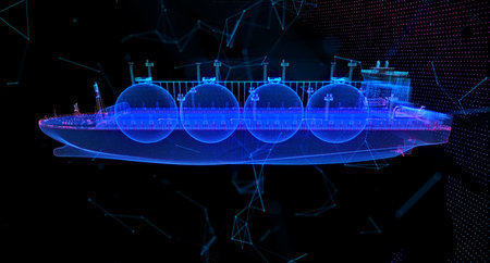 Gas carrier LNG 3d polygonal line. Digatal tanker from dots and lines and connected to 3d formの写真素材