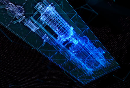 Industrial equipment electric oil valve and pump. Glow points and line formation of 3d equipmentの写真素材