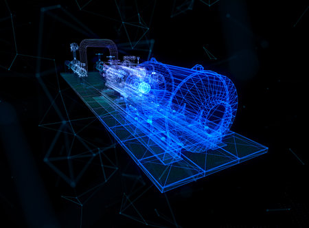 Industrial equipment electric oil valve and pump. Hologram in Cyberspace. 3d technologyの写真素材