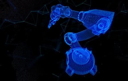 Industrial robot. Blue particles formation in 3d robot hand model.