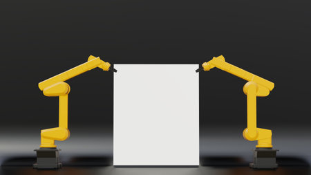 Yellow mechanical hand with blank billboard. Digital factory production technologyの写真素材