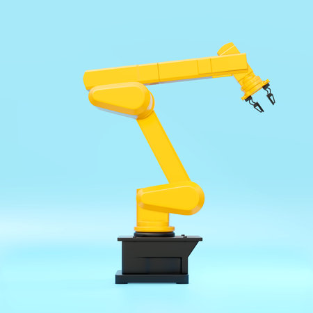 Robot arm. Yellow mechanical hand. Industrial robot manipulator. Futuristic industrial technologyの写真素材