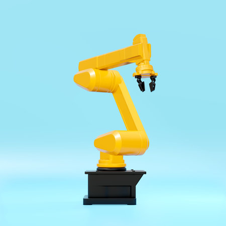 Yellow robot arm for industry. Digital factory production technologyの写真素材