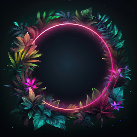 Empty scene background, abstract background with multicolored and neon lights. Silhouettes of tropical leavesの素材