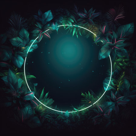 Futuristic gradient ultraviolet spectrum on dark background, Glowing geometric shape reflex on tropical leavesの素材