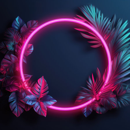 Neon glowing circle ring in palm leaves, tropical dark background. Glowing linear volumetric neon round circleの素材