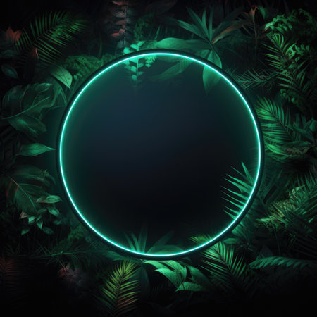 Sci Fi Futuristic Glowing Circle Shape Pink Neon Fluorescent Light In Green Fresh Vibrant Leaf Bush Night Dark Realistic Magical Backgroundの素材