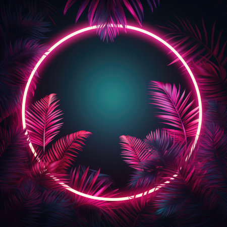 Tropic neon jungle night background. Hawaiian party. Dark tropical exotic background with Leaf palms and light neon circle.の素材