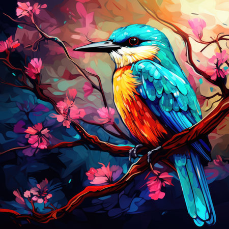 Rainbow Bird sitting on a branch with flowersの素材