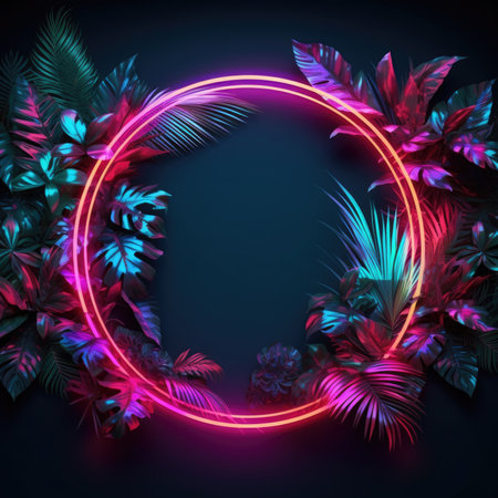 Neon glowing circle ring in palm leaves, tropical dark background. Blue purple green color. Glowing linear volumetric neon round circle.の素材