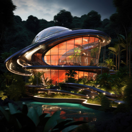 Luxurious futuristic house built in among forest and the mountainsの素材