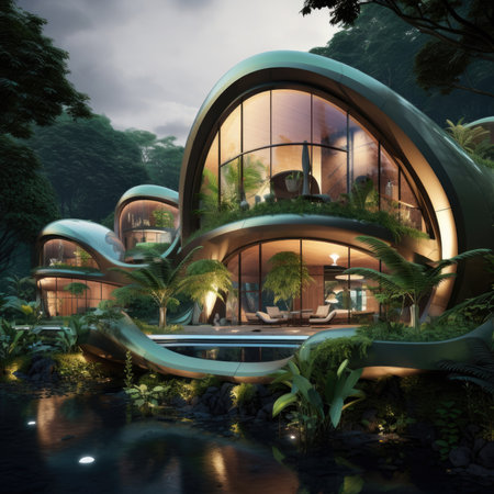 Luxurious futuristic house built in tropical forestの素材