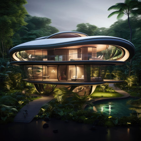 Futuristic house built in tropical forest, future architecture, house design, home, palm treesの素材