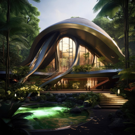 Luxurious futuristic house built in among forest and the mountainsの素材