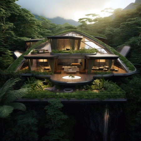 Luxurious futuristic house built in among forest and the mountainsの素材