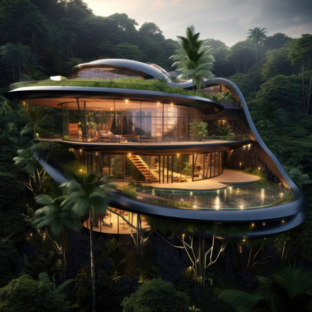 Futuristic house built in among forest and the mountainsの素材